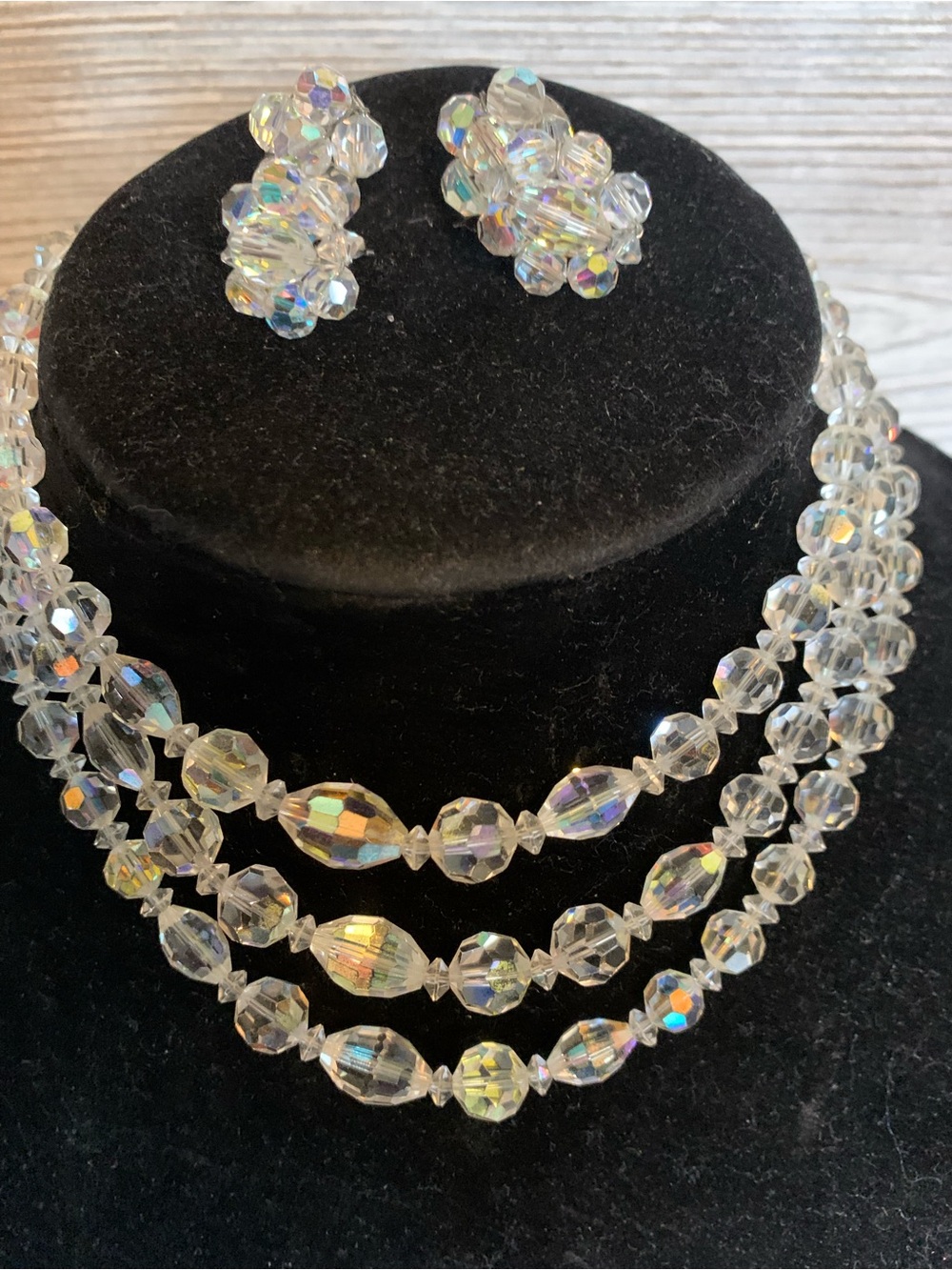Aurora Crystal Bead Three-Strand Necklace with Earrings - Clear Iridescent